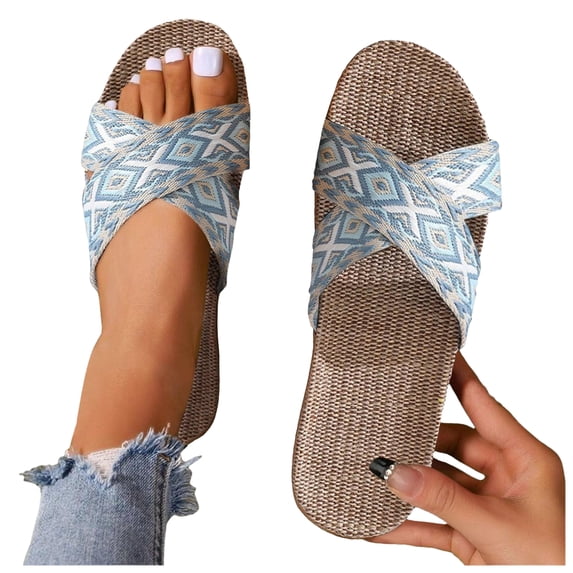 QWKLEAJ Women’s Casual Slide Sandals Geometric Print Cross Strap Linen Slippers, Breathable Anti Slip Flat Open Toe Footwear for Indoor Outdoor Beach Summer Daily Walking Sky Blue 7.5