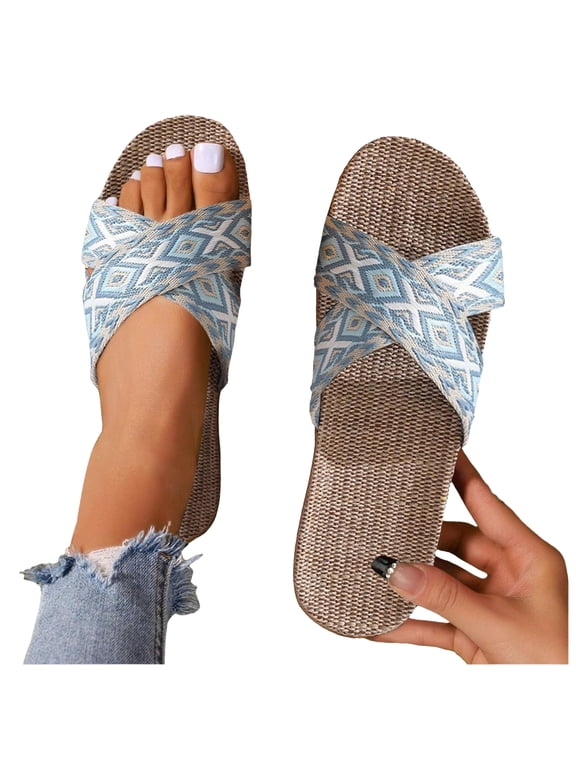 Women’s Casual Slide Sandals Geometric Print Cross Strap Linen Slippers, Breathable Anti Slip Flat Open Toe Footwear for Indoor Outdoor Beach Summer Daily Walking Sky Blue 5.5