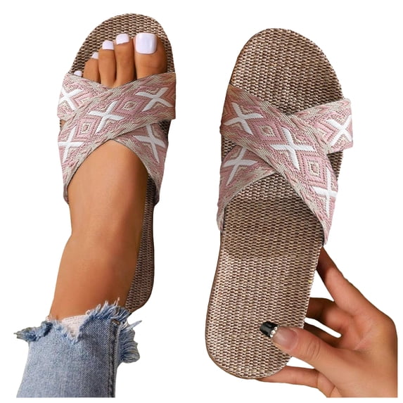 QWKLEAJ Women’s Casual Slide Sandals Geometric Print Cross Strap Linen Slippers, Breathable Anti Slip Flat Open Toe Footwear for Indoor Outdoor Beach Summer Daily Walking Pink 5.5