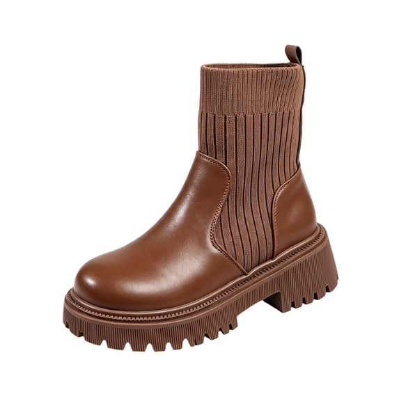 QWKLEAJ Women’s Fall Winter Platform Sock Chelsea Boots, PU Leather & Stretch Knit Slip‑On Booties, Round Toe Chunky Lug Sole for Daily Walking & Office Wear Brown 6.5