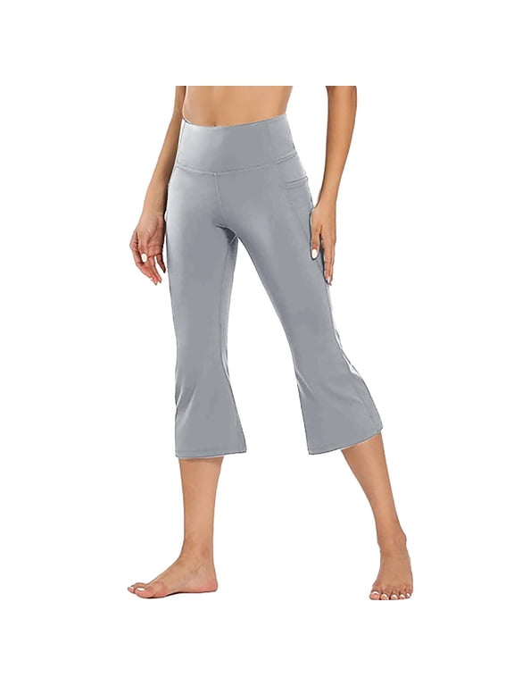 Women's Flared Capri Yoga Pants High Waist Stretch Workout Cropped Leggings with Side Pockets Summer Bootcut Athletic Trousers Light Gray S