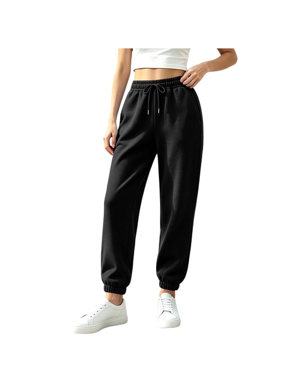 Women's Fleece Lined Jogger Pants Solid Color Drawstring High Waist Loose Casual Sweatpants With Pockets Winter Sports Trousers For Women Black M