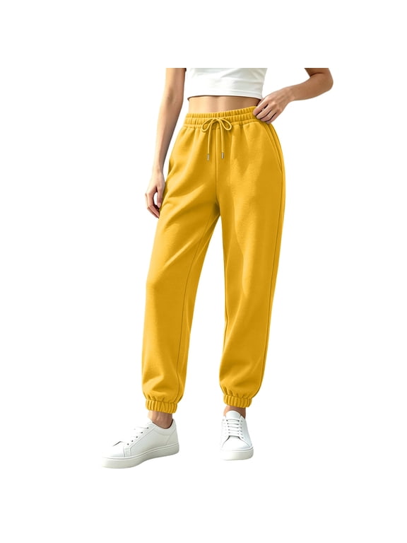 Women's Fleece Lined Jogger Pants Solid Color Drawstring High Waist Loose Casual Sweatpants With Pockets Winter Sports Trousers For Women Yellow 3XL