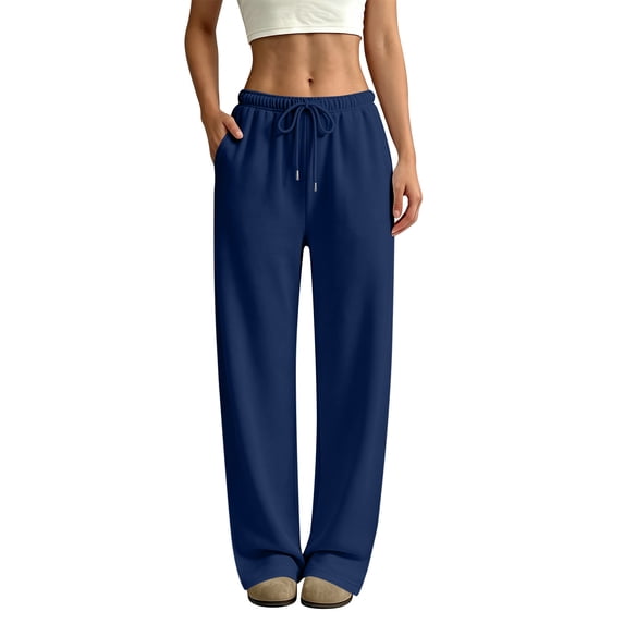 QWKLEAJ Women's Fleece Lined Wide Leg Sweatpants Drawstring Elastic Waist Loose Straight Jogger Pants Casual Athletic Trousers with Pockets Navy 2XL