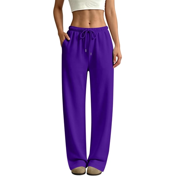 QWKLEAJ Women's Fleece Lined Wide Leg Sweatpants Drawstring Elastic Waist Loose Straight Jogger Pants Casual Athletic Trousers with Pockets Purple XL