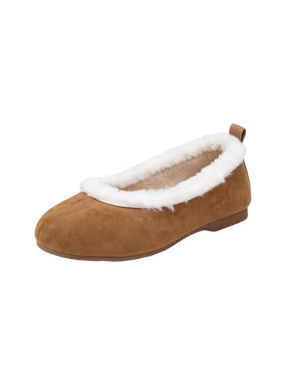 Women's Fuzzy Lined Flats, Fall and Winter Flat Slip On Warm Fleece Lined Low‑Top Shoes Brown 9