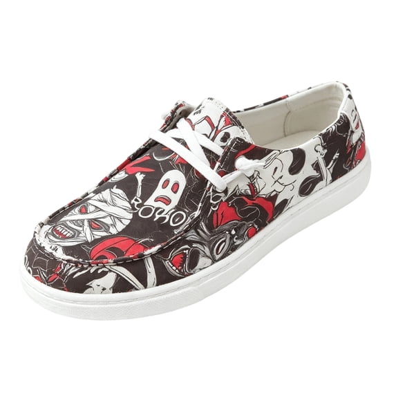 QWKLEAJ Women's Halloween Canvas Sneakers, Skull Pumpkin Print Low Top Slip On Flats, Breathable Casual Comfortable Walking Loafer Shoes for Holiday Daily Wear Red 6.5