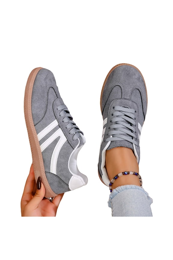 Women’s Low Top Lace Up Retro Sneakers, Two White Stripe Suede Mesh Mix Gum Sole Round Toe Casual Dress Shoes for Daily Walking Street Fashion Trainers Gray 9