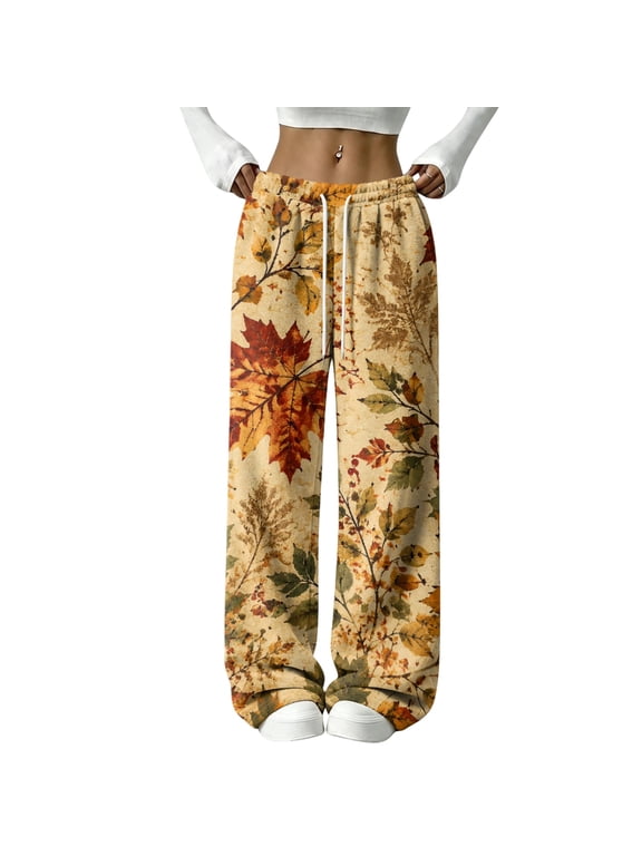 Women's Maple Leaf Print Flannel Wide Leg Pants Drawstring Elastic Waist Loose Casual Trousers Autumn Fall Pattern Soft Fleece Lounge Pants For Women Earthy Yellow XL