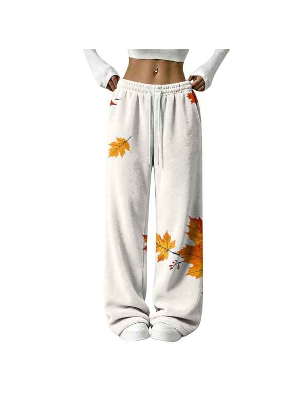 Women's Maple Leaf Print Flannel Wide Leg Pants Drawstring Elastic Waist Loose Casual Trousers Autumn Fall Pattern Soft Fleece Lounge Pants For Women Beige 2XL