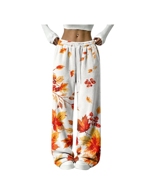 Women's Maple Leaf Print Flannel Wide Leg Pants Drawstring Elastic Waist Loose Casual Trousers Autumn Fall Pattern Soft Fleece Lounge Pants For Women Ginger L