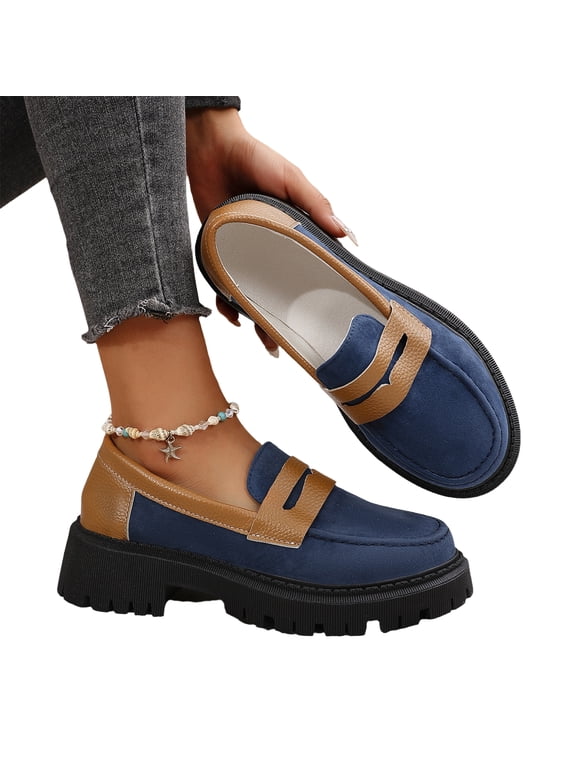 Women’s Penny Casual Loafers Shoes , Chunky Lug Platform Slip On Non Slip Flats for Office Dressy Daily Walking Footwear Navy 8