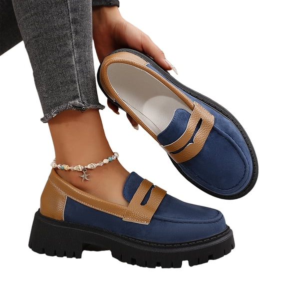 QWKLEAJ Women’s Penny Casual Loafers Shoes , Chunky Lug Platform Slip On Non Slip Flats for Office Dressy Daily Walking Footwear Navy 8