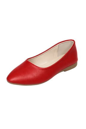 Women’s Pointed Toe Slip On Ballet Flats, Solid Color Faux Leather Casual Flat Shoes, Soft Non Slip Low Heel Walking Shoes for Daily Office Wear Red 7