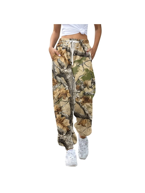 Women's Realtree Leaf Camo Print Joggers Elastic Waist Drawstring Casual Cargo Pants with Pockets Bronze M