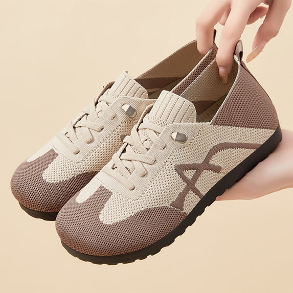 QWKLEAJ Women's Retro Knit Flat Shoes, Color Block Breathable Mesh Casual Sneakers, Soft Non‑Slip Sole Slip‑on Walking Shoes for Daily Wear Brown 5.5