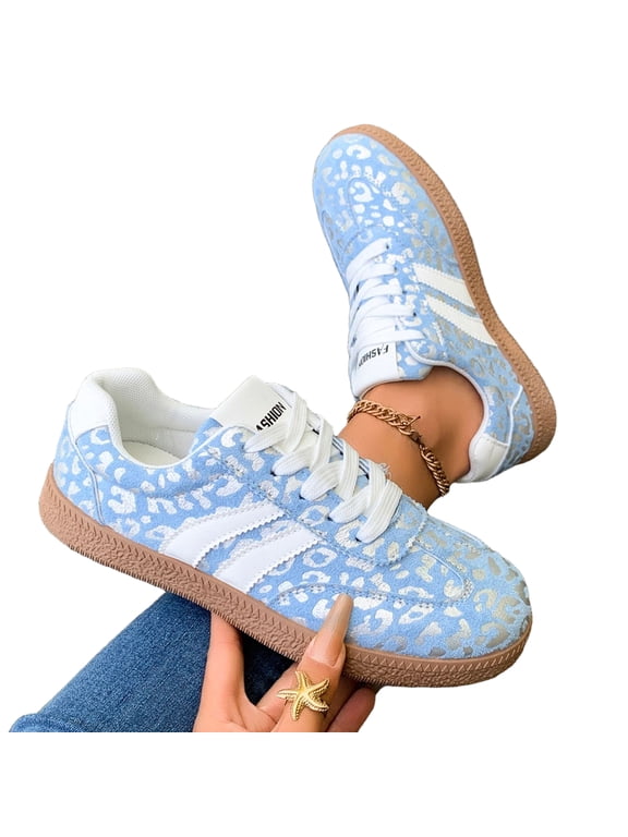 Women’s Retro Leopard Print Casual Shoes, Metallic Denim Two Stripe Lace Up Gum Platform Trainers for Daily Street Walking Fashion Footwear Sky Blue 7