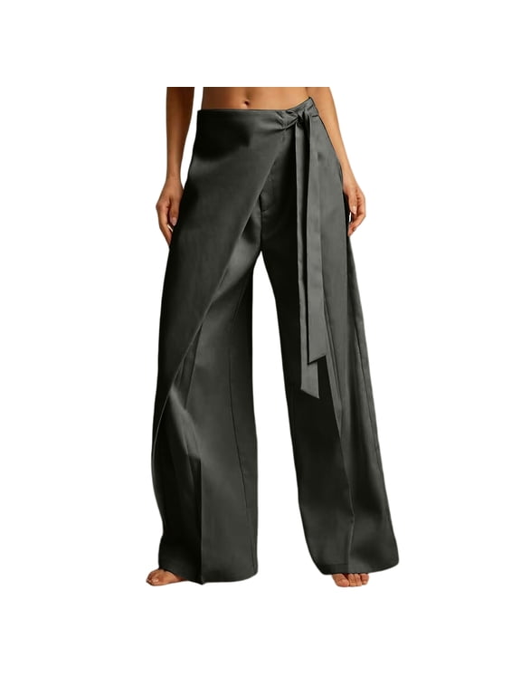 Women's Satin Wrap Wide Leg Pants High Waist Tie Sash Flowy Palazzo Trousers Solid Color Elegant Dress Pants For Office Party Multi Colors Dark Gray M