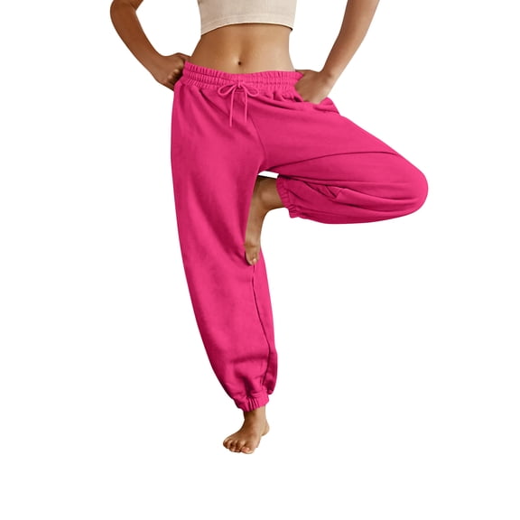 QWKLEAJ Women's Solid Color Jogger Pants Elastic Drawstring Waist Casual Sweatpants With Side Pockets Loose Fit Athletic Trousers For Women Hot Pink S