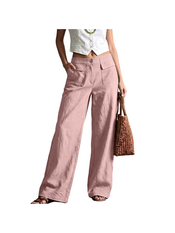 Women's Solid Linen Wide Leg Pants High Waist Front Patch Pockets Loose Casual Straight Long Trousers Pink M