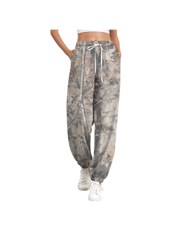 Womens Camo Leaf Print Jogger Pants Drawstring Elastic Waist Loose Casual Trousers With Pockets Vintage Tree Print Sweatpants Complexion M
