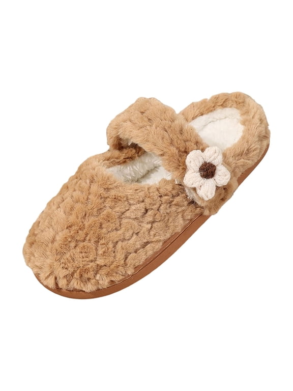 Womens Fuzzy Slippers Indoor Fluffy House Shoes Warm Plush Mule Clogs Sheepskin Lined Winter Cozy Bedroom Slip On Casual Cute Flower Decoration Soft Sole Non Slip Lightweight Breathable