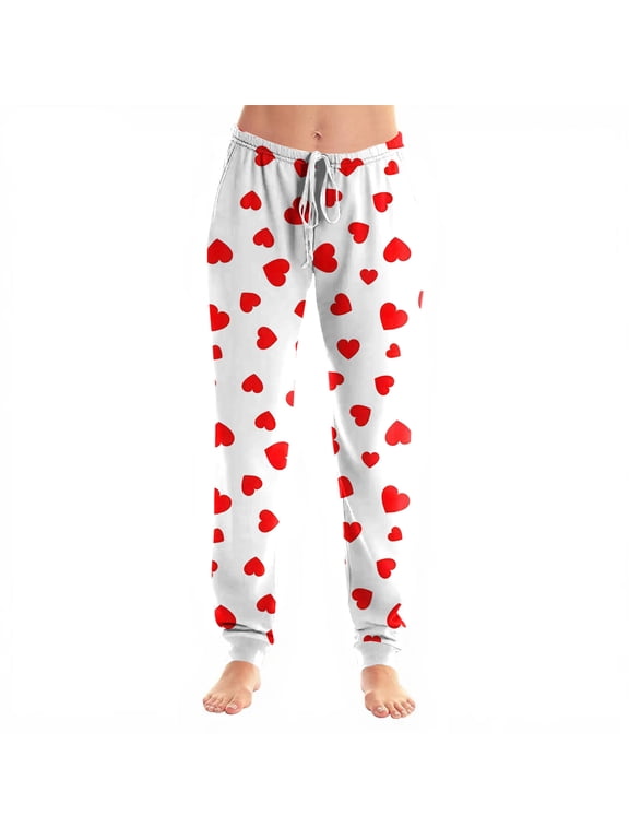 Womens Heart Print Jogger Pants Drawstring Cuffed Ankle Casual Long Pajama Trousers with Pockets White L