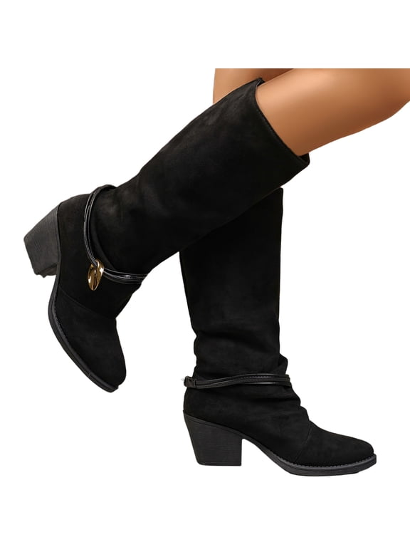Womens Knee High Boots, Pointed Toe Chunky Block Heel Suede Fall Winter Tall Boots, Plus Size Black 5.5