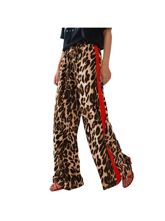 Womens Leopard Print Wide Leg Pants Elastic Drawstring Waist Side Red Stripe Loose Straight Casual Trousers Yellow S