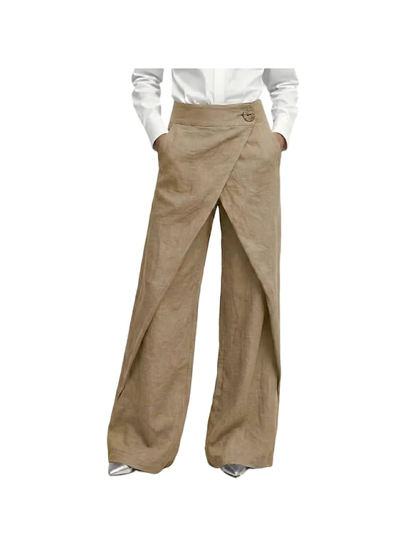 Womens Linen Wrap Wide Leg Pants Solid Color High Waist Single Button Cross Front Casual Long Trousers With Pockets Khaki M