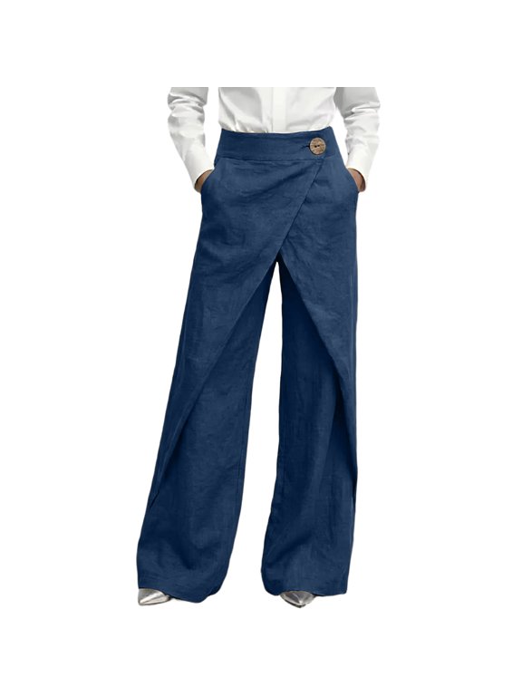 Womens Linen Wrap Wide Leg Pants Solid Color High Waist Single Button Cross Front Casual Long Trousers With Pockets Navy S