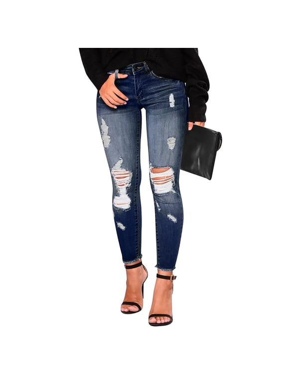 Womens Ripped Skinny Jeans Mid Rise Distressed Destroyed Frayed Hem Stretch Denim Pants Dark Blue L