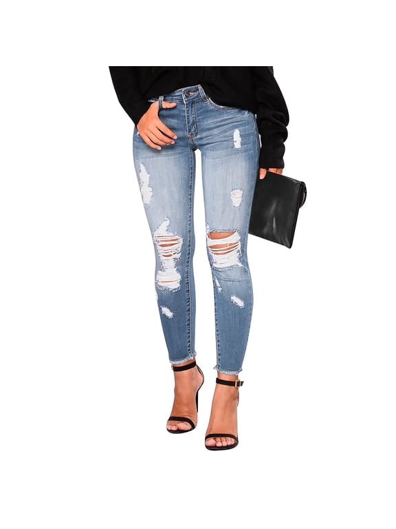 Womens Ripped Skinny Jeans Mid Rise Distressed Destroyed Frayed Hem Stretch Denim Pants Light Blue M