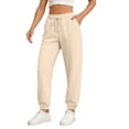 thumbnail image 1 of QWKLEAJ Womens Solid Jogger Sweatpants High Waist Drawstring Elastic Cuff Loose Casual Athletic Trousers With Side Pockets Beige S, 1 of 5