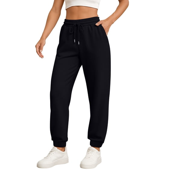 QWKLEAJ Womens Solid Jogger Sweatpants High Waist Drawstring Elastic Cuff Loose Casual Athletic Trousers With Side Pockets Black XL
