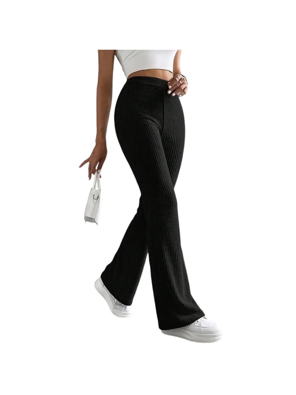 Womens Solid Ribbed Flare Pants High Waist Slim Fit Stretchy Knit Fashion Casual Bell Bottom Trousers Black L