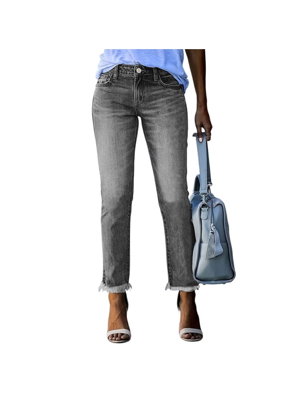 Womens Solid Straight Leg Cropped Jeans Mid Rise Frayed Hem Slim Fit Casual Denim Pants With Pockets Dark Gray M