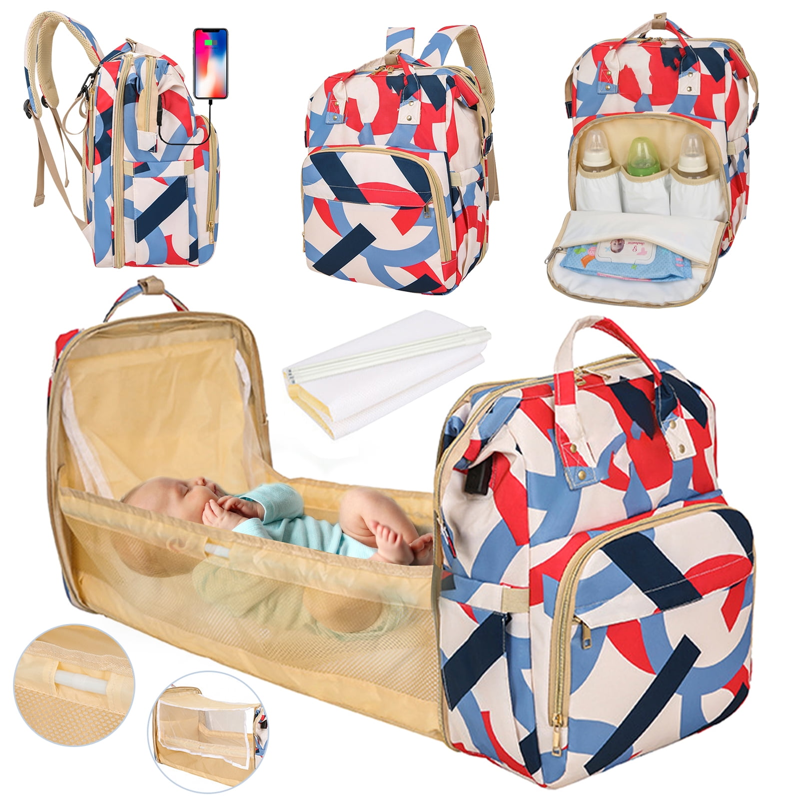 QWLWBU Diaper Bag Backpack, 6 in 1 Large Diaper Bag with Changing Station for Boys Girl, Waterproof Baby Diaper Bags for Travel with Insulated Milk Bottle Pocket