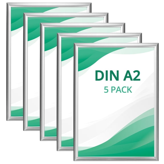 QWORK 5 Pack A2 Clip Frame Snap Frame Wall Mounted Front Opening Picture Frame Poster Holder 25 mm Profile Anodised Aluminium - Silver