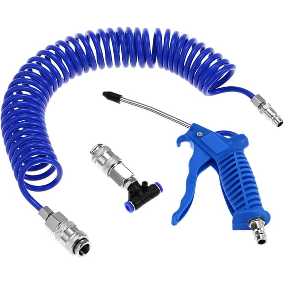 QWORK Air Blow Gun Kit with 16FT PU Hose, Heavy Duty Air Duster for Air Compressor, 1/4 Inch Quick Connect Coupler, 145 PSI High Power Air Flow Cleaning Tool