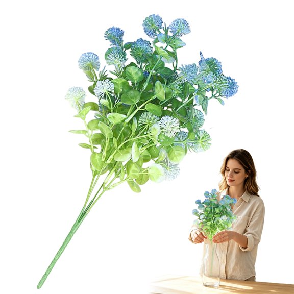 QWUIIOMJPY Artificial Eucalyptus Leaf Flower Bouquet, Faux Round Bloom Greenery Stem, Decorative Floral Pick for Vase, Table Centerpiece, Bedroom Home Decor