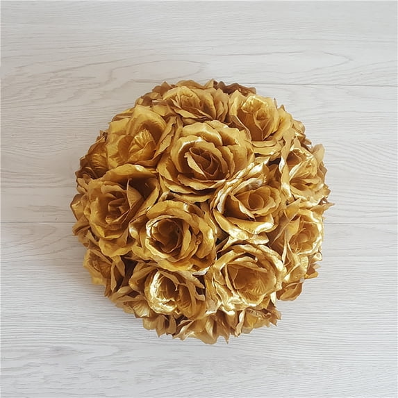 QWUIIOMJPY Metallic Rose Kissing Ball,5.91 Inch Fabric Pomander Flower Sphere,Hanging Artificial Floral Ball for Wedding Banquet & Special Event Decor,Metallic Gold