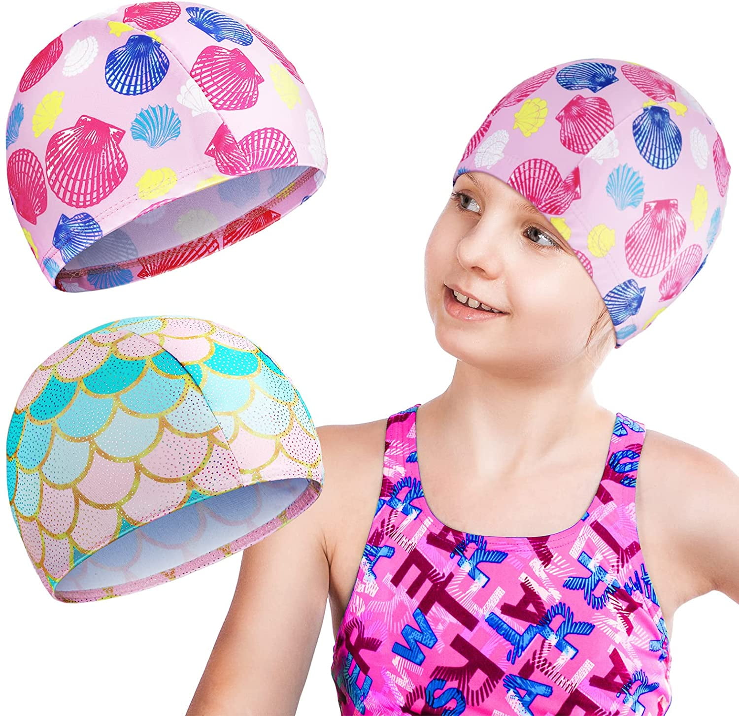 QWZNDZGR 2 Pieces Kids Swim Caps Girls Swimming Hat Fabric Toddler Swim