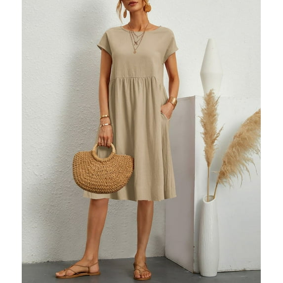 QWZNDZGR 2023 Fashion Summer OL Temperament Women's Cotton Hemp Round Neck A-Line Dress Manufacturer Wholesale