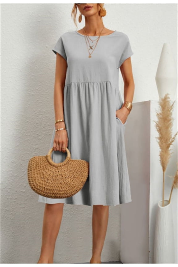 2023 Fashion Summer OL Temperament Women's Cotton Hemp Round Neck A-Line Dress Manufacturer Wholesale