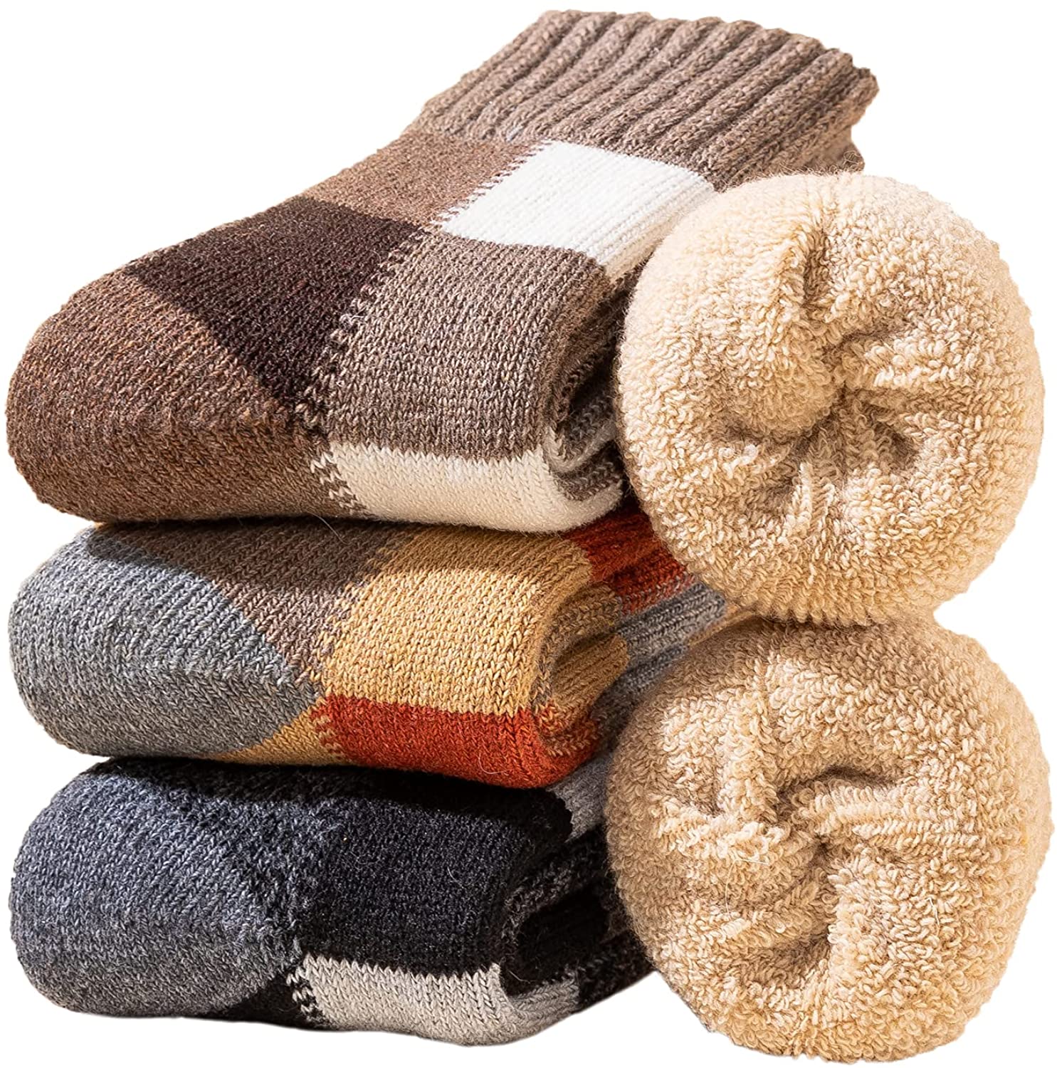 QWZNDZGR 3Pack Mens Super Thick Wool Warm Socks Soft Comfort Casual