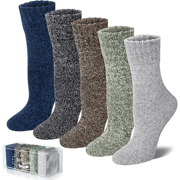 QWZNDZGR 5 Pairs Merino Wool Socks Winter Warm Thick Knit Casual Crew Cozy Socks Gifts for Women