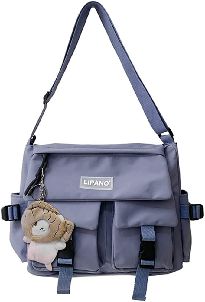 QWZNDZGR Aesthetic Messenger Bag with Stuffed Pendant and Pins Kawaii  Crossbody Bag for Women Girls School Messenger Bag