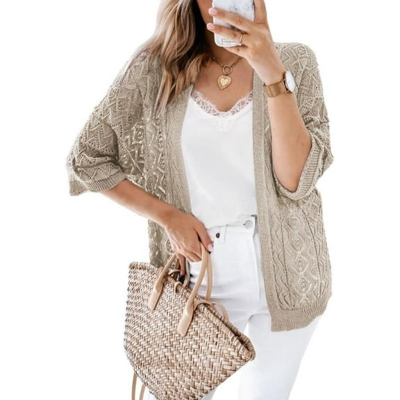 QWZNDZGR Cardigan Sweaters for Women Lightweight 3/4 Sleeve Cover Up Open Front Summer Cropped Crochet Cardigans Sweater