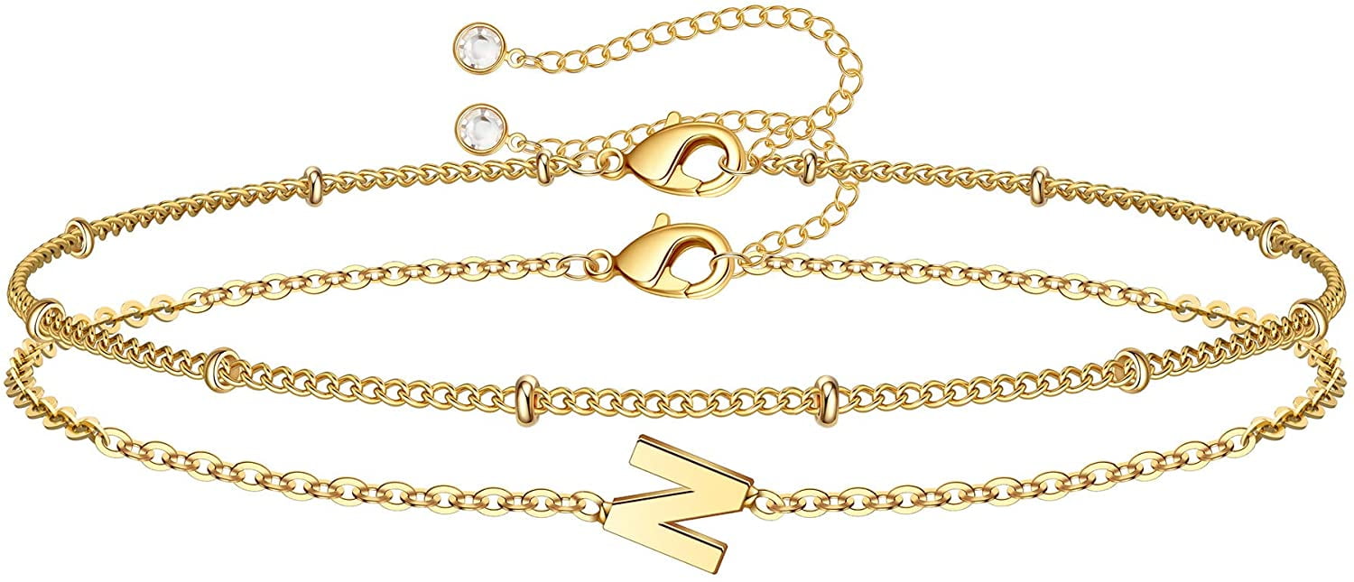 LOYATA Initial Charm Bracelet 14K Gold Coin Disc Engraved Letter Monogram  Bracelet for Women Girs Dainty Link Chain Simple Letter Personalized